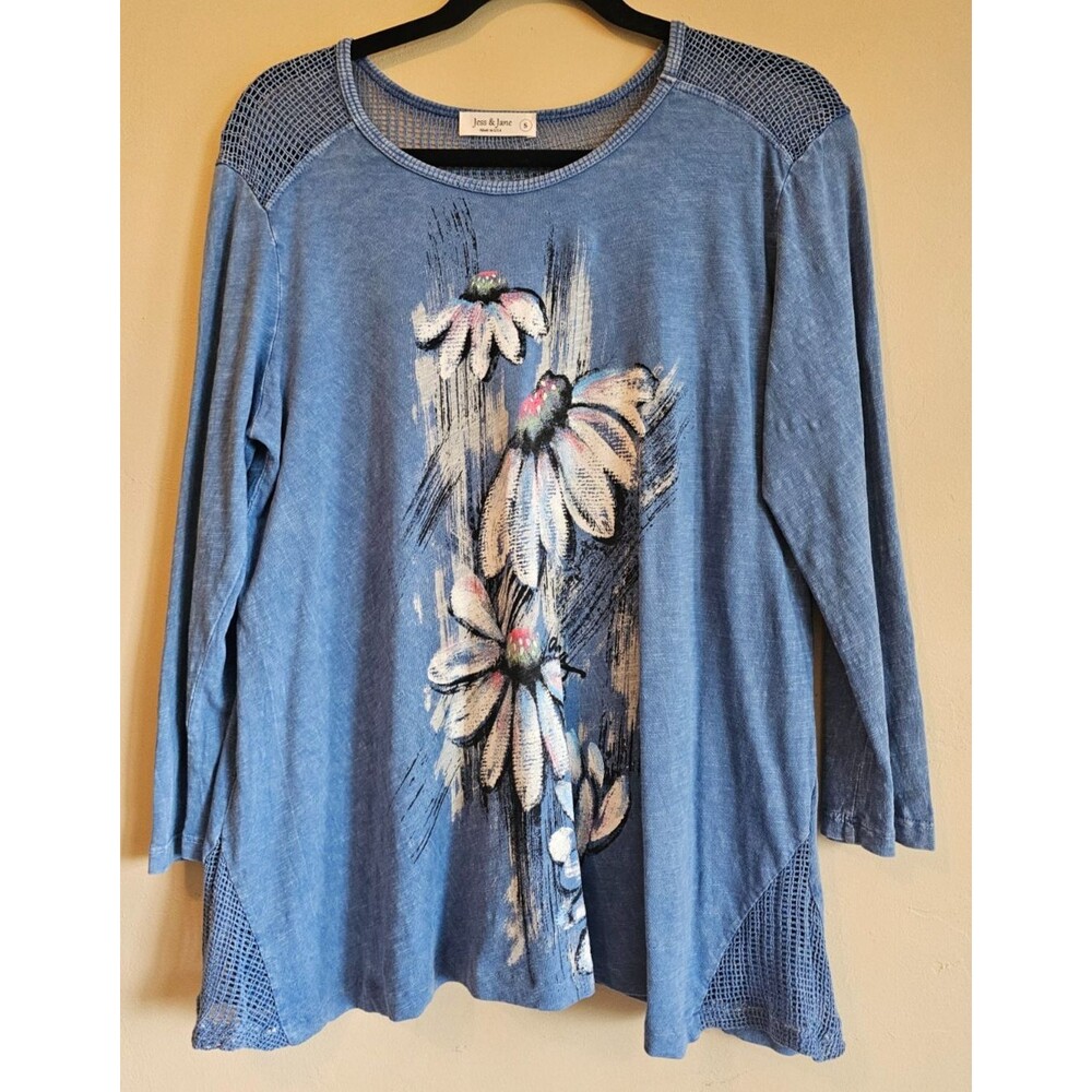 Jess & Jane blue Mineral Wash Daisy Graphic Tunic Top Lagenlook Sz S
